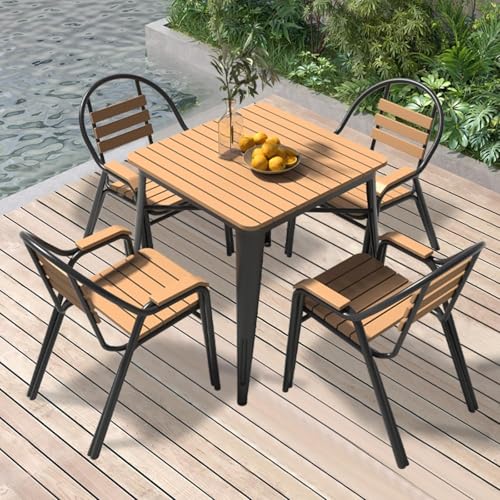 Fakednss Gartenmöbel Set 4 Stühle mit Tisch, biergartengarnitur Gartenmöbel Holz Sitzgruppe Set, Terrassenmöbel, Balkonmöbel Kunststoff-Holzmaterial Sitzgruppe Garten, 6 stühle mit Tisch(Black,80cm) von Fakednss