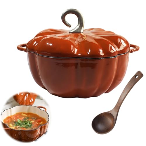 Kürbis Gusseisen Topf in Kürbisform - 4 qt Kürbistopf Schmortopf mit Deckel, 3,7L Kochtopf zum Kochen, Kürbis Suppentopf, Auflaufform Kürbis für Ofen und Induktion, Pumpkin Pot von Fakednss