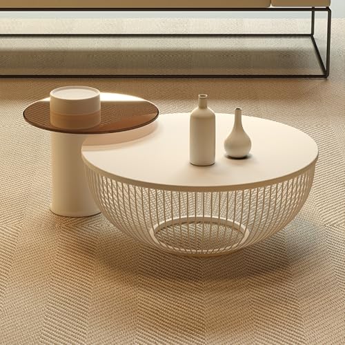 Moderner Couchtisch rund weiß – Wohnzimmertisch mit Stauraum – Runder oder ovaler Sofatisch – Satztisch mit 2 Ebenen – Stilvolle Deko & praktische Ablage – Beistelltisch für Wohnzimmer(Pure white) von Fakednss