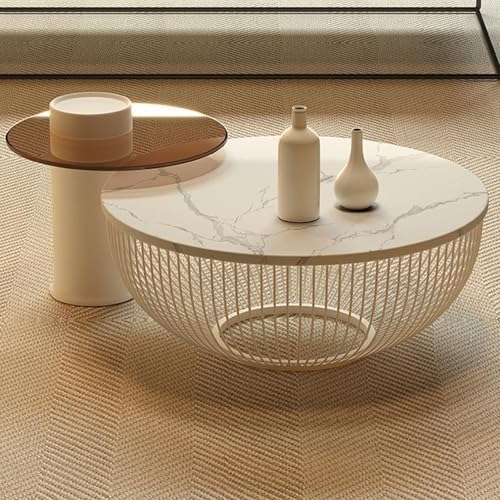 Moderner Couchtisch rund weiß – Wohnzimmertisch mit Stauraum – Runder oder ovaler Sofatisch – Satztisch mit 2 Ebenen – Stilvolle Deko & praktische Ablage – Beistelltisch für Wohnzimmer(Textured white) von Fakednss
