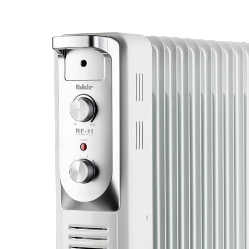 Fakir RF-11 TURBO PLUS / Ölradiator mit 11 Rippen, Elektro-Heizung mit 4 Heizstufen - inkl. Heizgebläse, Thermostat, 4 Lenkrollen - 2.900 Watt, Silber, Weiß von Fakir