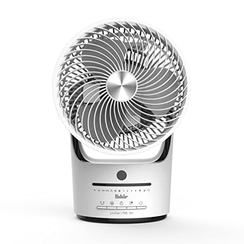 Fakir prestige TVC 360 – Leiser Designer-Tischventilator mit Fernbedienung I Ventilator mit Timer, vertikaler 90° Oszillation, 3 Geschwindigkeitsstufen & 360-Grad-Belüftung I Weiß/Schwarz I 45 Watt von Fakir