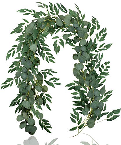 Falflor 2Pcs Grüne Girlande 6.5Ft künstliche Eukalyptusgirlande und 6.5Ft Weidenblätter Girlande Tischläufer Rankengirlande für Hochzeits-Wohnkultur von Falflor