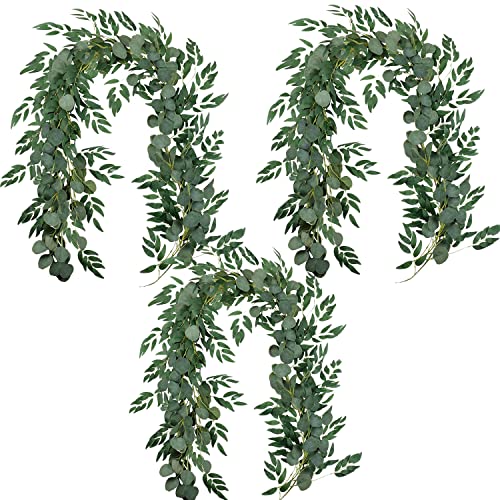 Falflor 3 x grüne Girlande aus Mischgewebe, 1,8 m, künstliche Eukalyptus und Weidenblätter, Girlande, Tischläufer, Rankengirlande für Weihnachten, Hochzeit, Heimdekoration von Falflor