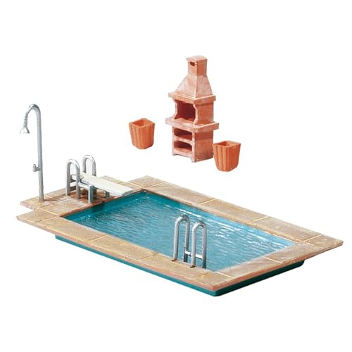 FALLER Swimming-Pool und Gartenhaus Modellbausatz mit 57 Einzelteilen 80 x 44 x 26 mm I Modelleisenbahn Zubehör H0 I Modelleisenbahn H0 Gartenhaus von FALLER