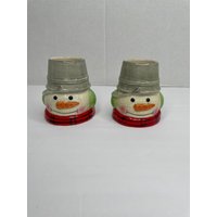 Vintage Mark Mitford Schneemann Kerzen Pail Hut Weihnachten 2Er Set Keramik von FallingSpringFarmCo