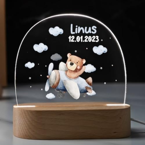 Fallover Personalisiertes LED Nachtlicht, Geschenk zur Geburt oder Taufe. Niedliches Tierdesign für das Kinderzimmer, mit Namen Geburtsdatum, Nachttischlampe für das Kinderzimmer, Geschenk Babys von Fallover