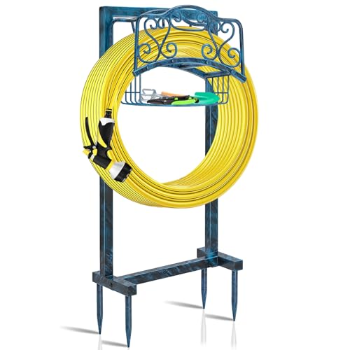 FaloStwer Gartenschlauchhalter freistehender Metall Wasserschlauch Ständer, Abnehmbarer Robuster Schlauchaufhänger mit Aufbewahrungskorb, Gartenschlauch Halterung für Hof Rasenplatz (Retro Blau) von FaloStwer