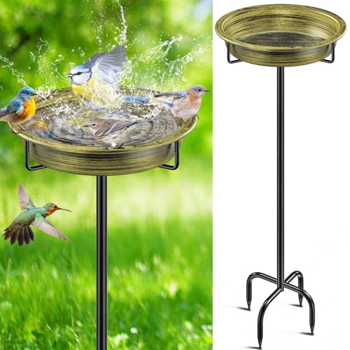 FaloStwer 40In Vogeltränke Vogelbad Futter Schale Wasserstelle Stehend, Metall Vogelbecken Schüssel Wildvögel Wassertränke für Vögel, Vogeltränke Groß Frostsicher Winterfest Vogeltränke (Retro Gold) von FaloStwer