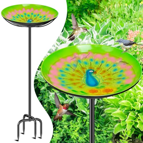 FaloStwer Vogeltränke Stehend Für Garten, 100cm Vogeltränke Winterfest Mit Erdspieß, Vogelbad Garten Stehend Frostsicher, Freistehend Metall Vogelbecken Schüssel Wassertränke (Pfauen, Grün) von FaloStwer
