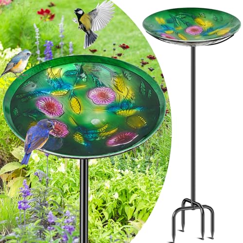FaloStwer Vogeltränke Stehend Für Garten, 100cm Vogeltränke Winterfest Mit Erdspieß, Vogelbad Garten Stehend Frostsicher, Freistehend Metall Vogelbecken Schüssel Wassertränke (Kolibri, Grün) von FaloStwer