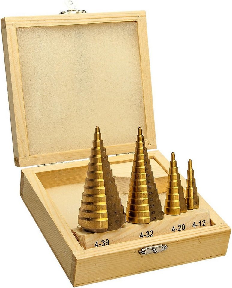 Falon-Tech Stufenbohrer HSS TIN Stufenbohrer Titan Schälbohrer Konusbohrer 4-39mm Holzbox, (4-tlg) von Falon-Tech