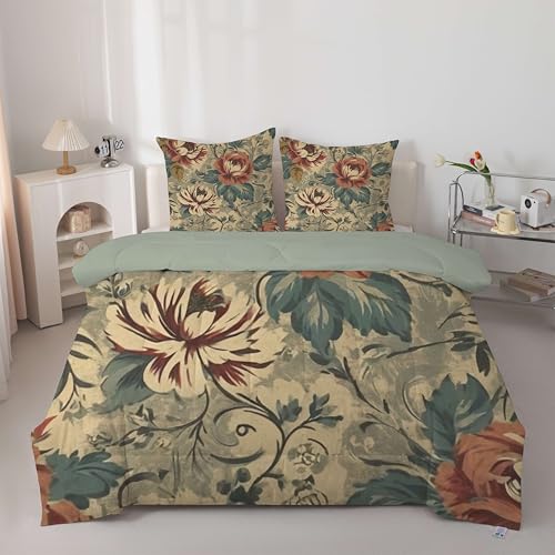FamHarbor Blumen Bettdecke 200x200 cm, Retro-Stil Steppdecke Ganzjahresdecke Waschbare, Weiche Schlafdecke Bettdecke ohne Bezug, Rot 4 Jahreszeiten Bettdecke mit 2 Kissenbezüges, D67 von FamHarbor