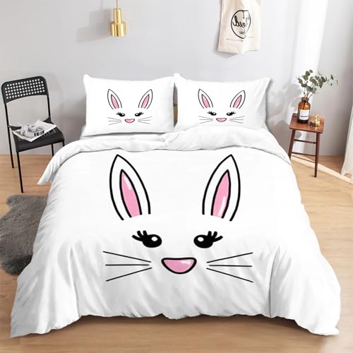 FamHarbor Süßer Hase Muster Bettwäsche 200x220 cm mit 2 Kissenbezug 80x80 cm, Soft Mikrofaser Teenager Bettbezug mit Reißverschluss, Cartoon Tier Muster Bettwaren & Bettwäsche, A3171 von FamHarbor