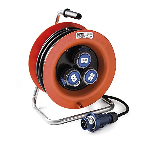 FAMATEL – Kabeltrommel IP67 3 Steckdosen | Industriell | 2P+T | 16A | 250V industrieller Stecker 2P+T 16A - 250V | Kabel Neopren | 3 x 2,5 | Ladeschalter von Famatel
