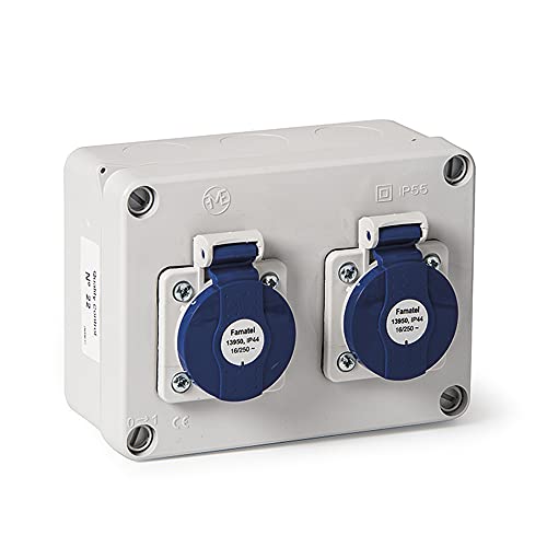 FAMATEL - Wasserdichte Abzweigdose IP44 | 2 Steckdosen | 2P+TTL | 16A | 250V | Blau und Rot von Famatel