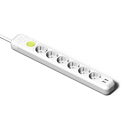 Famatel 2636 Steckdosenleiste mit 6 Steckern + 2 Buchsen + Schalter | 1,5m Kabel | Mit TT | 16A | 250V | Weiß | USB-Schnellladestecker | Überspannungsschutz, Blanco,Negro von Famatel