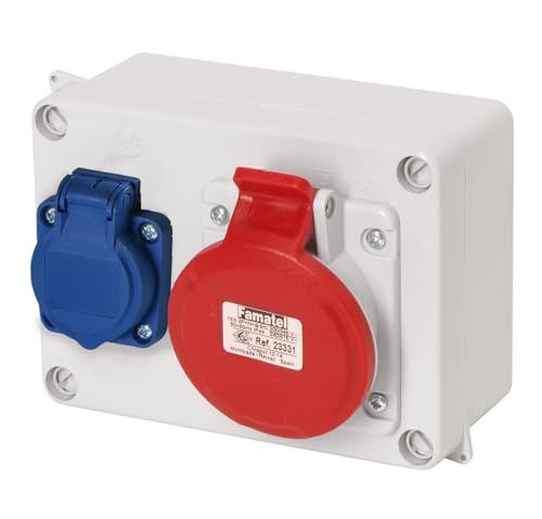 FAMATEL - Wasserdichte Abzweigdose IP44 | 1 Steckdose 2P+TTL 16A | 250V | 1 Steckdose 3P+T 16A | 380V | Blau und Rot von Famatel