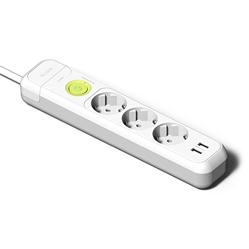 FAMATEL – Steckdosenleiste mit 3 Steckern + 2 USB-Buchsen + Schalter | 1,5m Kabel | Mit TT | 16A | 250V | Weiß | USB-Schnellladestecker | Überspannungsschutz von Famatel
