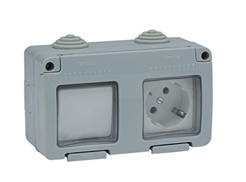 FAMATEL – Schalter + Steckdose | Für den Einbau | Serie Garden | IP55 | Kindersicherung | Diese Steckdose ist wasserdicht | Leicht installierbares Produkt | Aluminium | Grau von Famatel