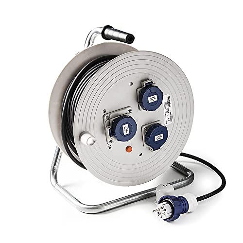 FAMATEL – Industrielle Kabeltrommel 3 Steckdosen IP67 | 25 Meter | TT | 16A | 250V | Stecker TT-16A-250V | Kabel Neopren | 3 x 1,5 | Ladeschalter von Famatel