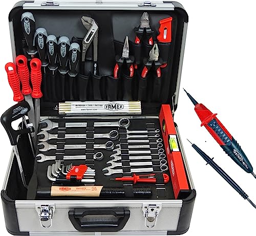 FAMEX 729-86 Profi Werkzeugkoffer bestückt mit Werkzeug-Set - Werkzeuge aus deutscher Produktion - Bundle mit 2-poligen Spannungsprüfer von FAMEX