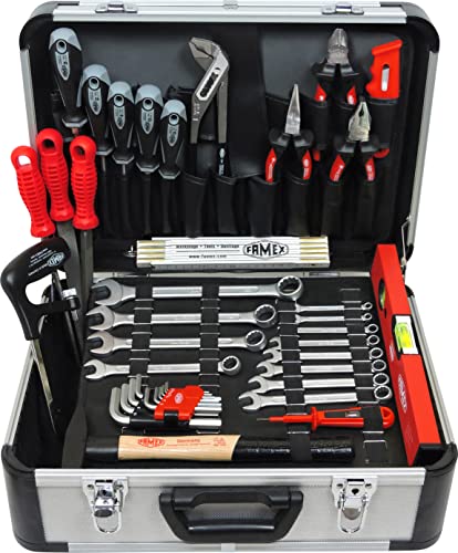 FAMEX 729-88 Werkzeugkoffer gefüllt mit Profi Werkzeug-Set - Alu Werkzeugkasten bestückt - Werkzeuge aus deutscher Produktion von FAMEX