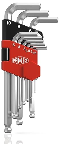 Famex 10784 Winkelschraubendreher Sechskant für Innensechskant- Inbus - Schrauben, lang, mit Kugelkopf, 1,5-10mm, 9-teilig - aus speziellem Chrom-Vanadium-Molybdän-S2-Stahl, extrem hoch belastbar von FAMEX