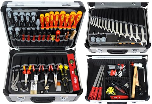 FAMEX 418-88 Profi Alu Werkzeugkoffer gefüllt mit Werkzeugset groß, für den gewerblichen Einsatz, Werkzeug aus deutscher Produktion, Bestückter Koffer mit Einstecktaschen von FAMEX