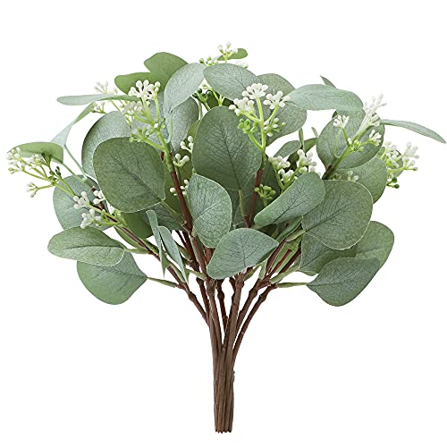 Famibay 18 PCS Künstlich Eukalyptus Zweige Kunstpflanze Grüne Blätter Eukalyptus Pflanzen Klein Silber Dollar Eukalyptusblättersprays für Hochzeit Balkon Garten Frühling Fensterbank (18, 30CM) von Famibay