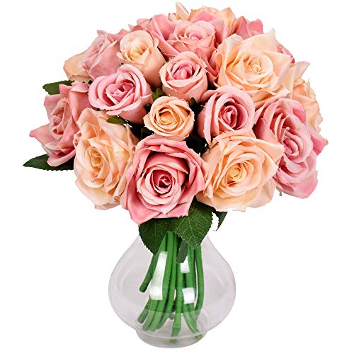 Famibay Künstliche Blumen Rosen Kunstblumen Champagner 2PC Seidenblumen Strauß 18 Köpfe Blumenstrauß Künstlich Brautstrauß Hochzeitsstrauß Braut Blumenarrangement für Haus Garten Vase Hochzeit von Famibay