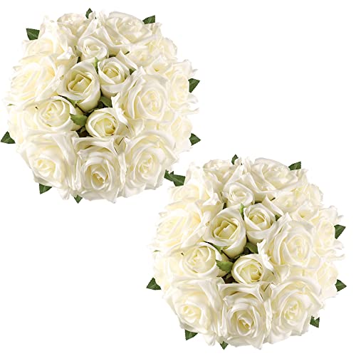 Famibay Künstliche Blumen Rosen Weiß Kunstblumen Seidenblumen BrautStrauß Hochzeit Kustrosen Strauß Künstlich Blumenstrauß für Haus Garten Vase Hochzeit Pack of 4 von Famibay