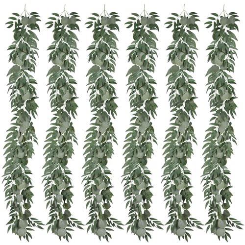 Famibay Künstliche Eukalyptus-Girlande mit Weidenblättern, grüne Girlande, hängende Eukalyptus-Ranken, künstliche Grünpflanzen für Hochzeit, Wand-Tischläufer, 6 Stück von Famibay