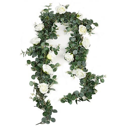 Famibay Künstliche Eukalyptus Girlande mit Weiß Rosen Blumen Blätter Girlande für Hochzeit Zuhause Dekoration von Famibay
