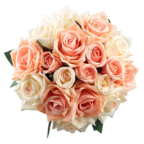 Famibay Rosen Künstliche Blumen 2 Blumenstrauß Blumenschmuck für Haus Gefälschte Blumen Braut Hochzeitsblumenstrauß 18 Rosen Köpfe für Haus Garten (Sanfte Koralle) von Famibay