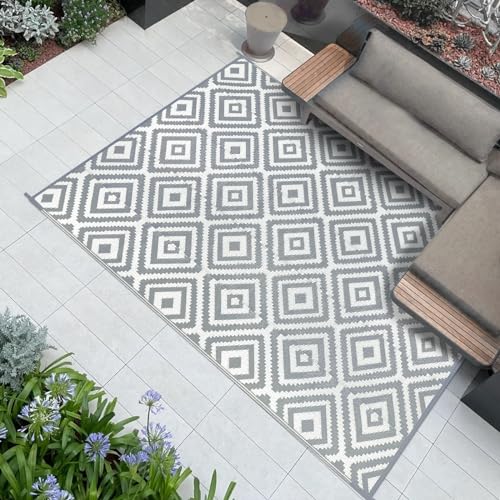 Famibay Outdoor Teppich Wetterfest Outdoor Teppich Balkon Camping Wasserfest Grau Kunststoff Wendbar Leicht Outdoorteppich für Terrasse Garten Balkon Camping Innen Außen von Famibay