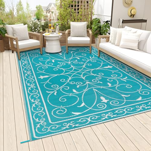 Famibay Outdoor Teppich Wetterfest TerrasseTeppich Wendbar Kunststoff Balkon Teppich Leichtgewicht Picknickdecke Faltbar Außen Teppich für Terrasse Garten Balkon Camping(Teal, 150 x 245 cm) von Famibay