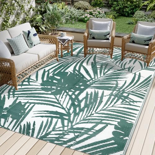 Famibay Outdoor Teppich Wetterfest Terrassenteppich Kunststoff Gartenteppich Outdoorteppich Balkon Camping Teppich Faltbare Außen Teppich für Terrasse Garten Balkon (Grün-Weiß, 150 x 245 cm) von Famibay