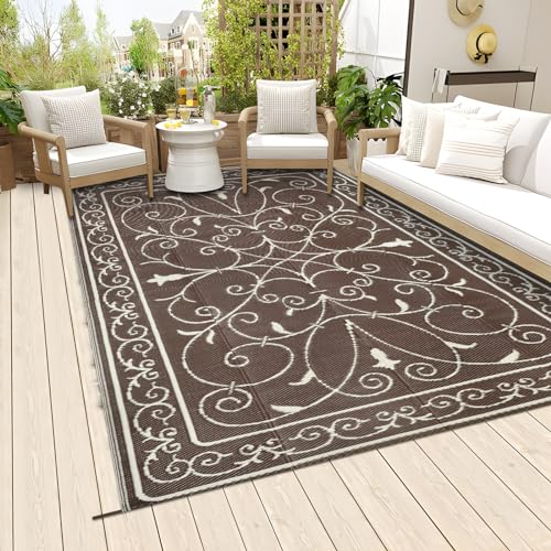 Famibay Outdoor Teppich Wetterfest TerrasseTeppich Wendbar Kunststoff Balkon Teppich Leichtgewicht Picknickdecke Faltbar Außen Teppich für Terrasse Garten Balkon Camping (Kaffee, 150 x 245 cm) von Famibay