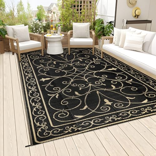 Famibay Outdoor Teppich Wetterfest Gartenteppich Balkon Kunststoff terrasse Teppich Leichtgewicht Camping Teppich Faltbar Bodenmatte für Terrasse Garten Balkon Camping (Schwarz, 150 x 245 cm) von Famibay