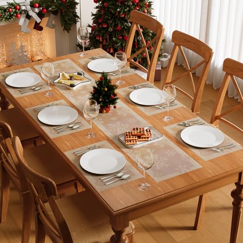 Famibay Platzsets und Tischläufer Weihnachten Platzdeckchen Set mit Tischläufer Tischsets Abwaschbar Hitzebeständig 6er Tischläufer Weihnachten Modern Gold 180cm für Küche Zuhause Speisetisch von Famibay