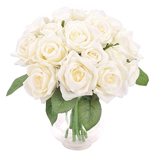 Famibay Künstliche Blumen Rosen Weiß Rose Kunstblumen 18 Köpfe Seidenblumen Strauß 2 Pcs Blumenstrauß Künstlich Brautstrauß Hochzeitsstrauß Blumenarrangement für Haus Garten Vase Hochzeit Braut von Famibay