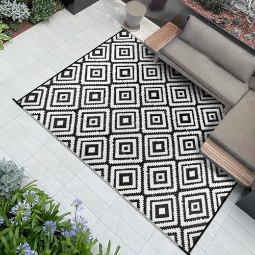 Famibay Outdoor Teppich Wetterfest Outdoor Teppich Balkon Camping Wasserfest Schwarz Weiß Kunststoff Wendbar Leicht Outdoorteppich für Terrasse Garten Balkon Camping Innen Außen von Famibay