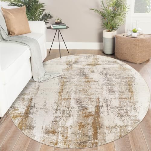Famibay Teppich Wohnzimmer Rund 160CM Teppich Schlafzimmer Kurzflor Beige Braun Abstrakt Modern Waschbar Rund für Wohnzimmer Schlafzimmer Esszimmer von Famibay