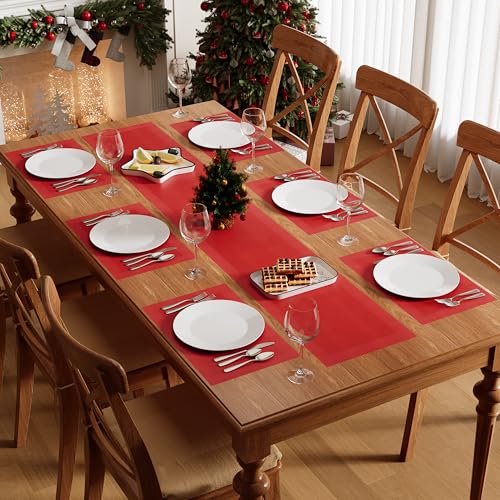 Famibay Tischläufer und Platzsets Weihnachten Platzsets Abwaschbar 6er Set mit Tischläufer 180cm Lang Platzsets Hitzebeständig Tischläufer Weihnachten Rot für Küche Zuhause Speisetisch Hotel von Famibay