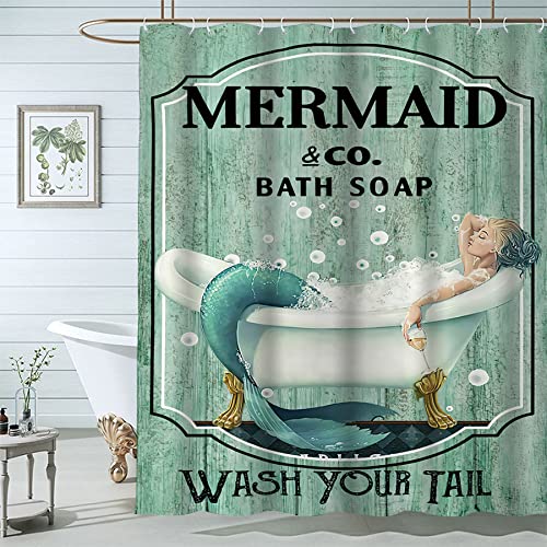 Famiffty Meerjungfrauen-Duschvorhang-Set, 183 x 213 cm, Blaugrün, "Wash Your Tail", lustige Ozean-Badewannenblasen, Vintage-Holz, wasserdichtes Polyestergewebe mit 12 Haken Famiffty Meerjungfrauen-Duschvorhang-Set, 183 x 213 cm, Blaugrün, "Wash Your Tail", lustige Ozean-Badewannenblasen, Vintage-Holz, wasserdichtes Polyestergewebe mit 12 Haken von Famiffty