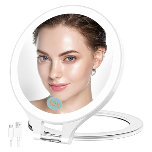 Famihomii VergrößErungsspiegel Mit Licht 10x/1x, Doppelseitiger Wiederaufladbarer Reisespiegel Mit Licht Mit 3-Farbeinstellung Einstellbarer Beleuchteter Eitelkeitsspiegel (Weiß 10x) von Famihomii