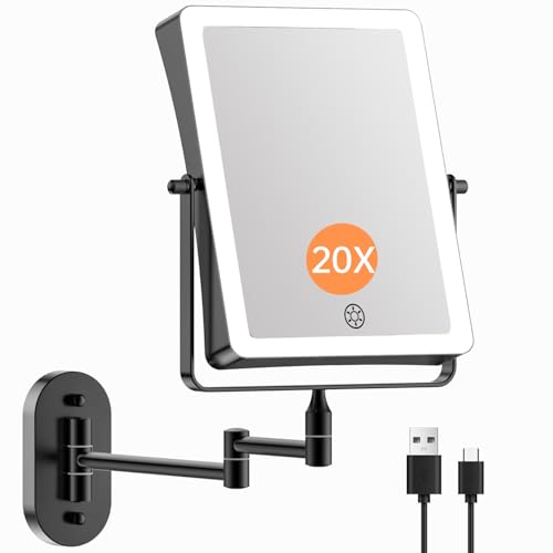 Famihomii Wiederaufladbar Kosmetikspiegel mit LED Beleuchtetung, Schminkspiegel mit 1-/20X Vergrößerung Und Touchschalter Batterie, Dimmbarer Rasierspiegel 360° Schwenkbar Wandmontage (Schwarz) von Famihomii