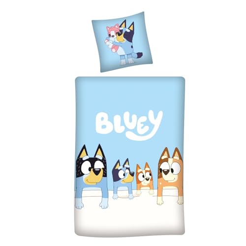 Bluey Bettwäsche für Kinder und Babys · Kinderbettwäsche blau aus 100% Baumwolle mit Reißverschluss · Motiv Bluey Family Bingo Bandit Chilli (Kind 135x200 80x80 cm) von Familando