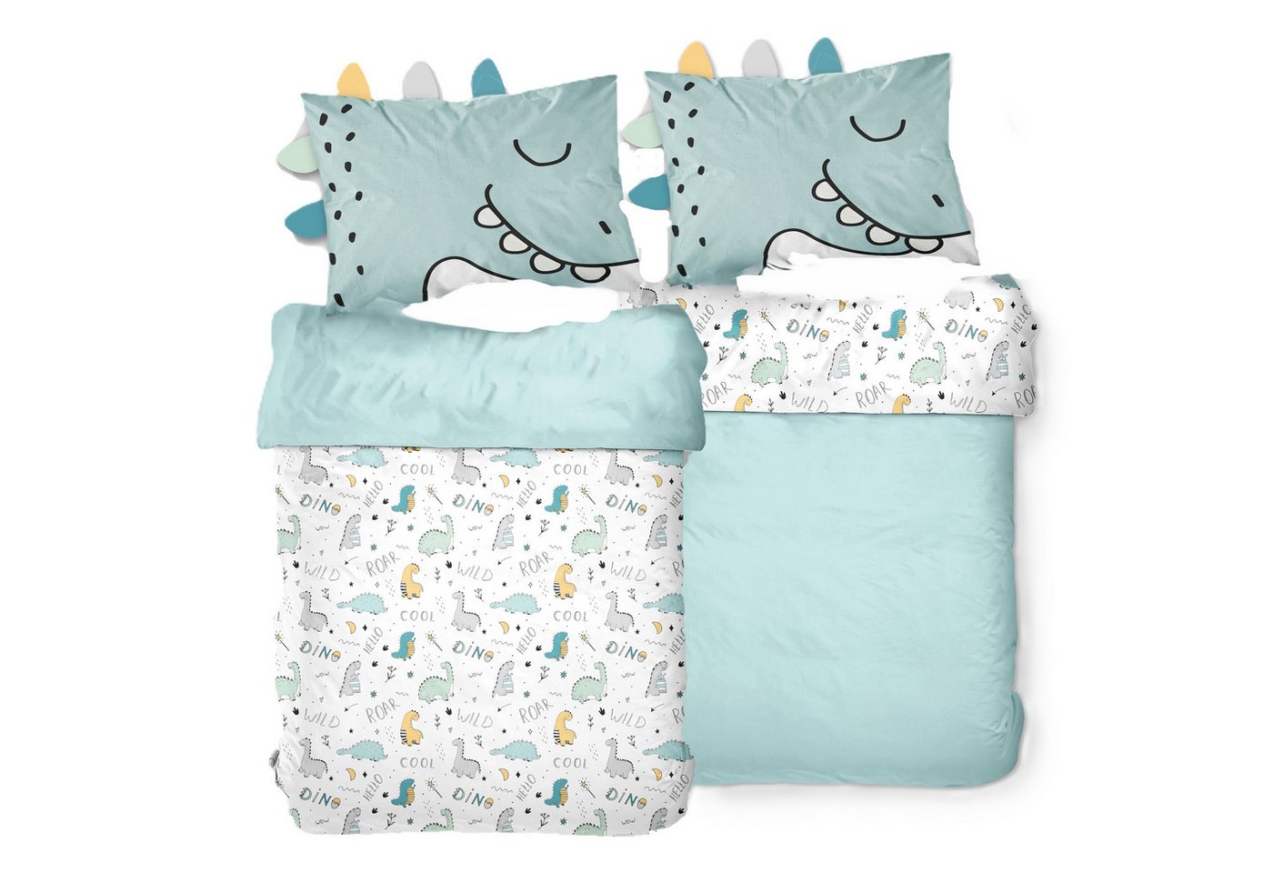 Familando Babybettwäsche Dinosaurier 100x135 40x60 cm aus 100% Baumwolle mit Reißverschluss, Renforcé, 2 teilig, Dino Motiv mit süßen Stacheln am Kopfkissen von Familando